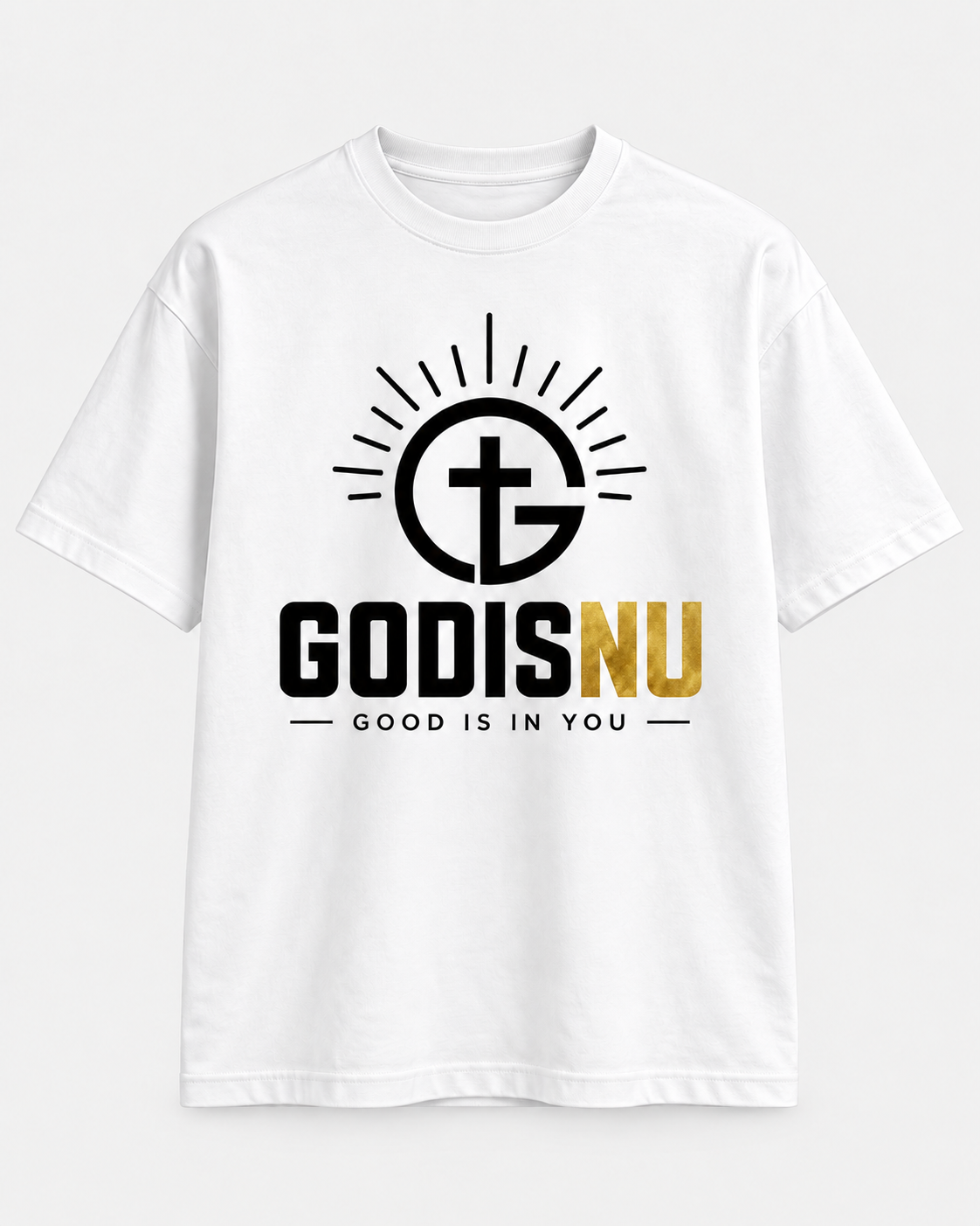 White GODISNU t-shirt with black radiant cross logo and gold NU lettering
