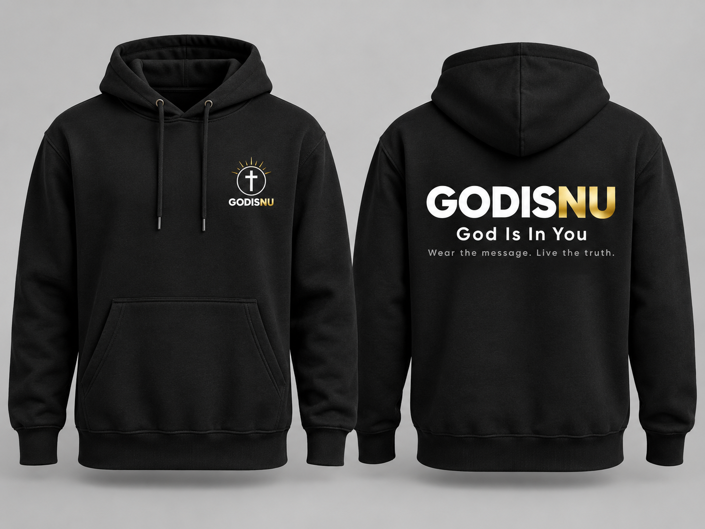 Black GODISNU hoodie, front and back, with gold cross emblem on the chest and GODISNU wordmark across the back