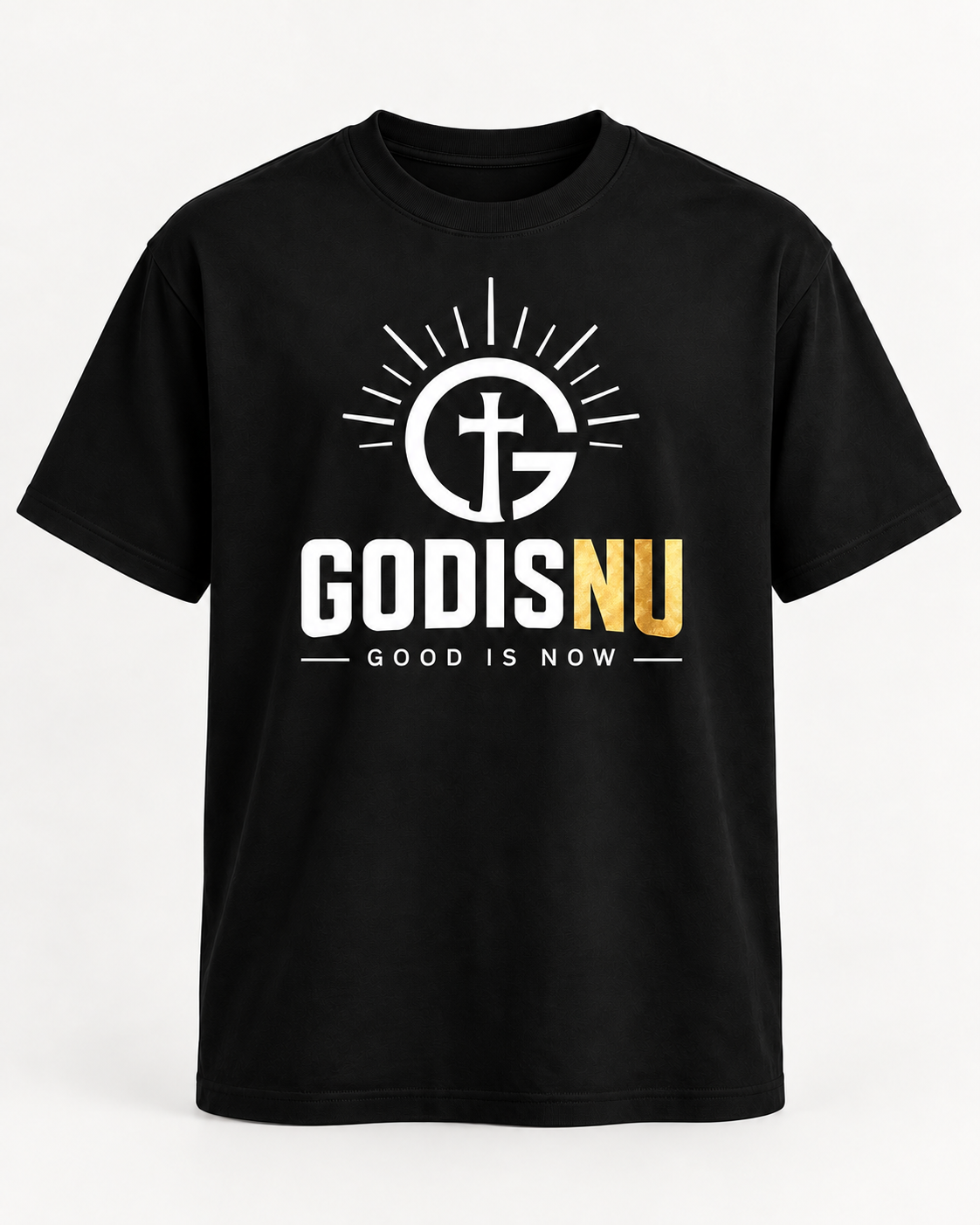 Black GODISNU t-shirt with large white radiant cross logo and gold NU lettering