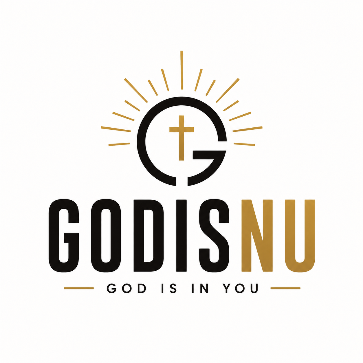 GODISNU emblem — a cross within a radiant circle above the wordmark God Is In You