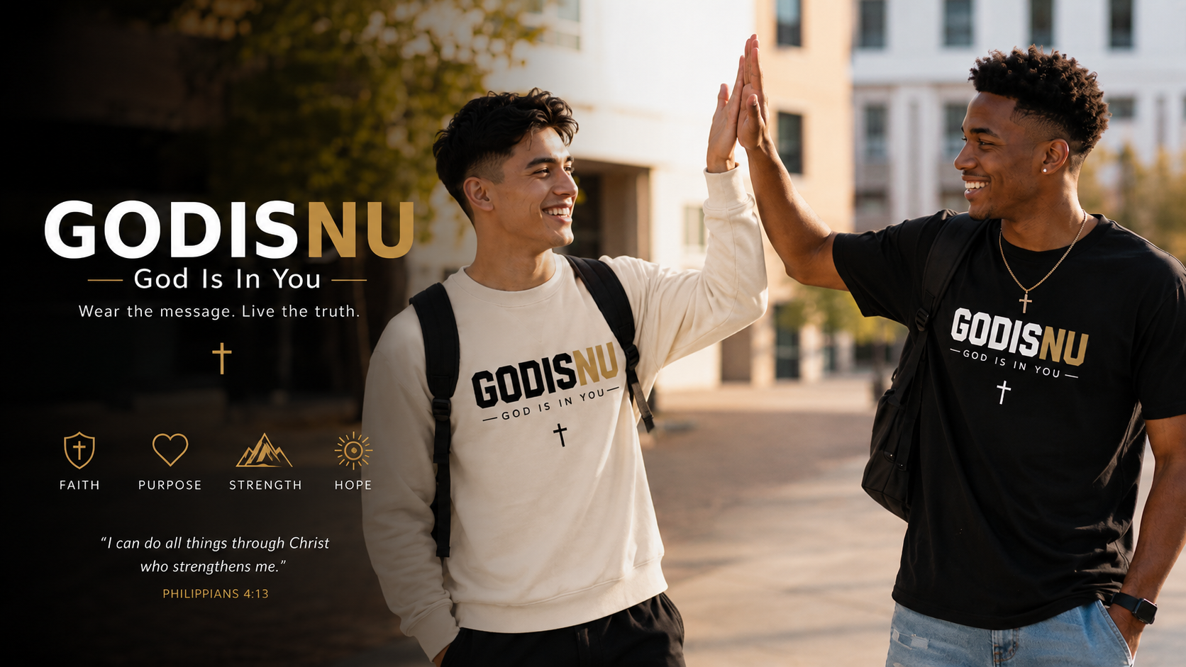 Two young men high-fiving while wearing GODISNU apparel