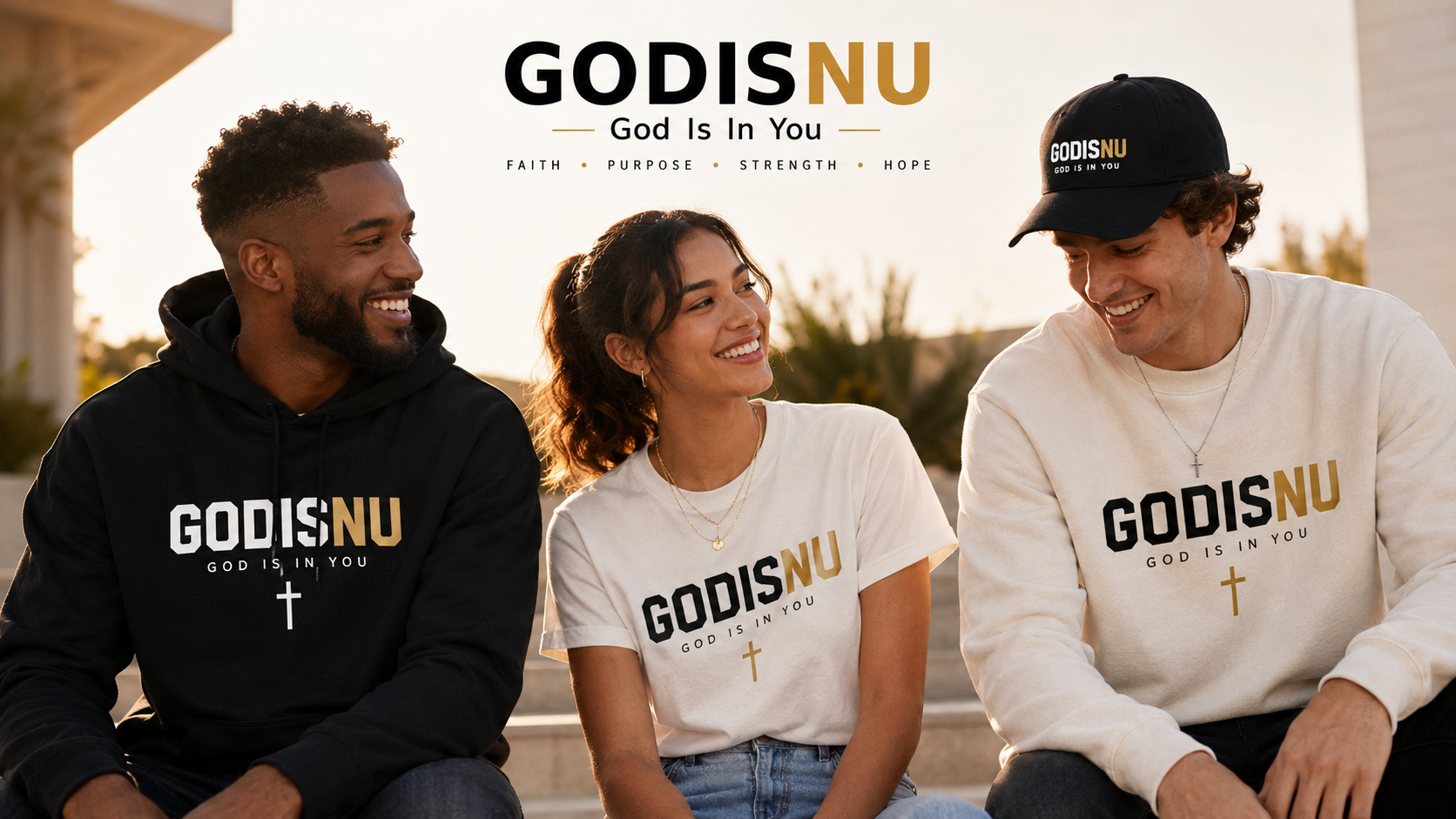 Three friends laughing together wearing GODISNU hoodies, tees, and hats