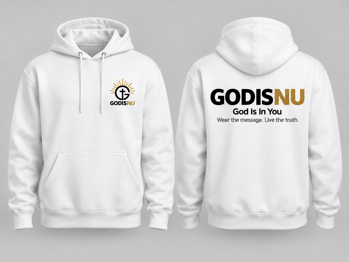 White GODISNU hoodie, front and back, with black and gold emblem on the chest and wordmark across the back