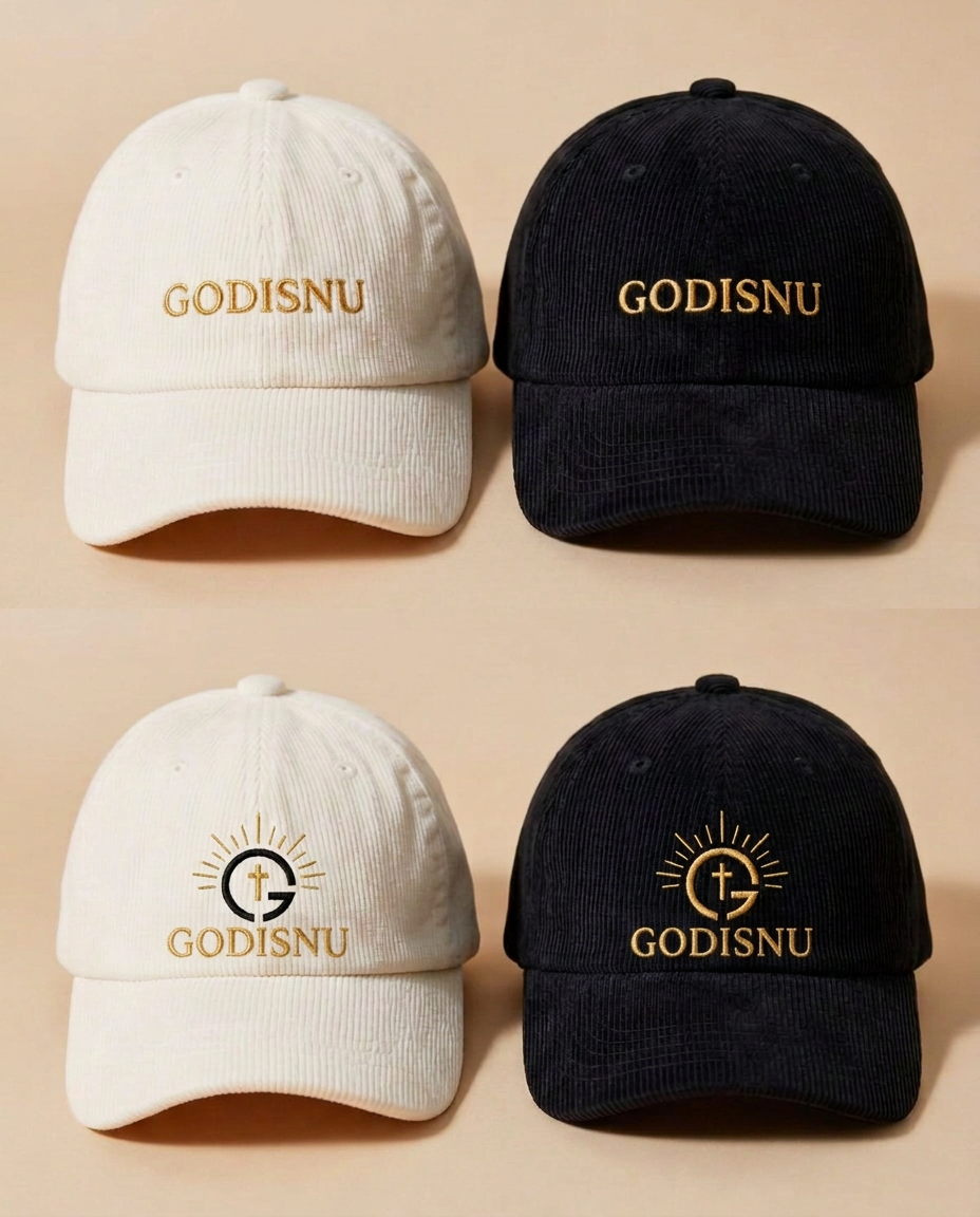 Four white and black corduroy GODISNU hats — two with gold GODISNU wordmark, two with radiant cross emblem and GODISNU wordmark below