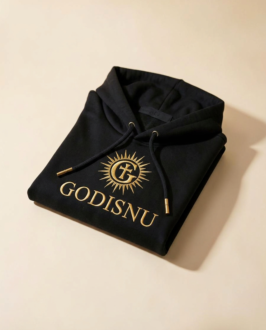 Black premium GODISNU hoodie with gold radiant-cross emblem and GODISNU wordmark on the chest