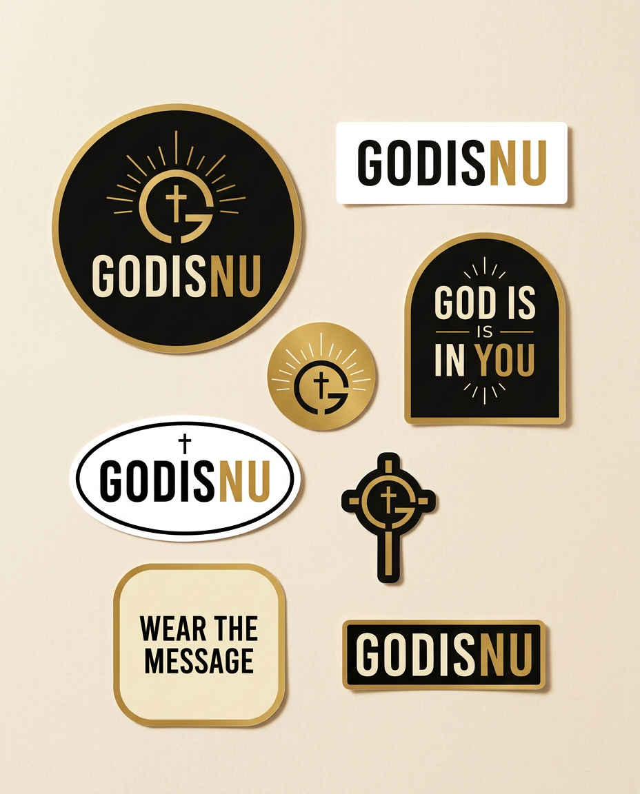 Assorted GODISNU stickers in circular, oval, arched, cross, square, and wordmark designs