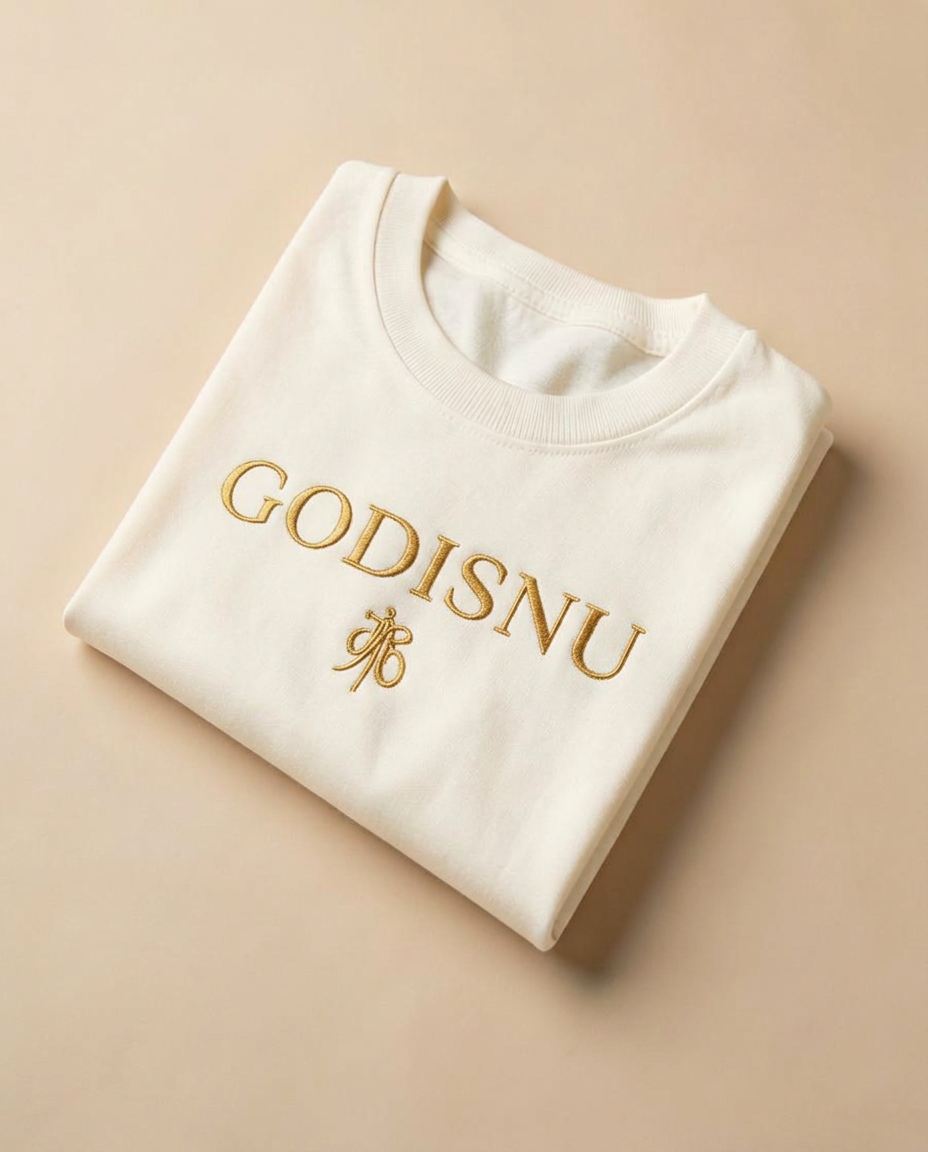 Folded cream GODISNU t-shirt with gold GODISNU wordmark and emblem embroidered on the chest
